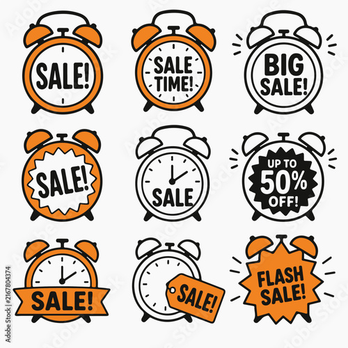 A set of vector alarm clock icons with promotional sale text in orange and black.