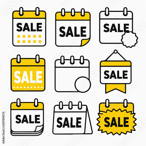 Nine yellow and white calendar icons with sale text are arranged on a white background.