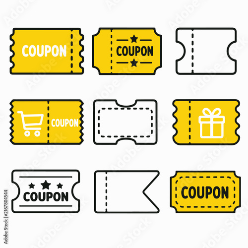 A collection of yellow and white coupon and ticket icons in a flat line art style.