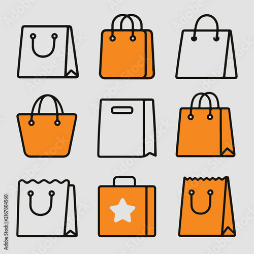 Vector illustration of orange and white shopping bag icons on a grey background.