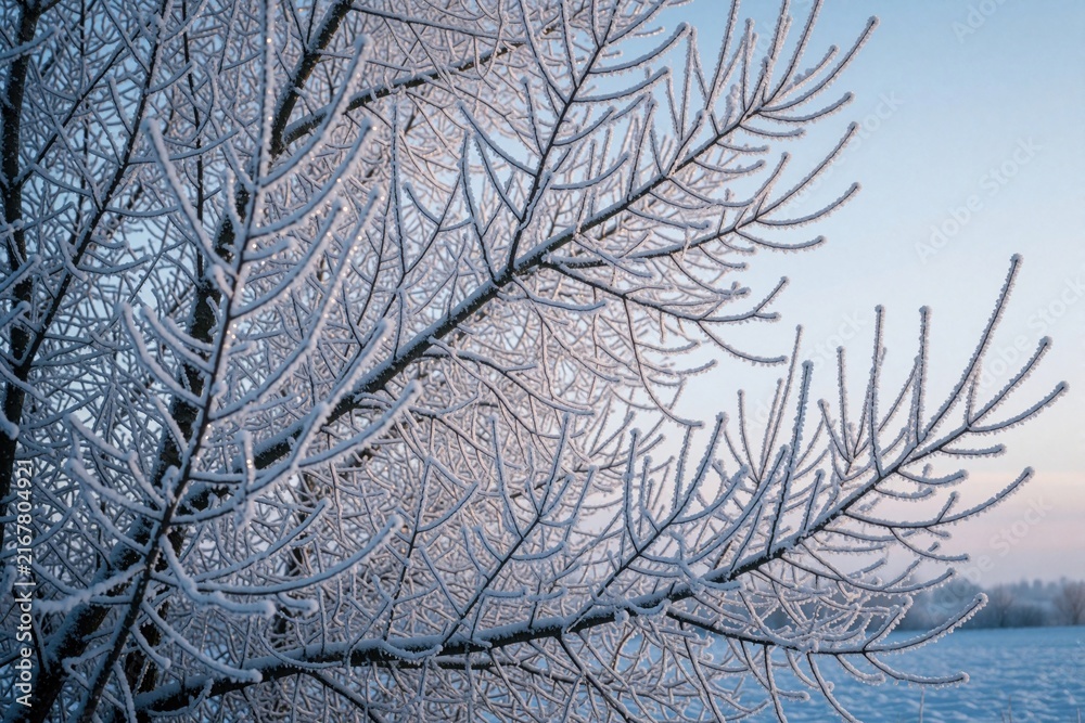 Obraz premium Close up of frozen tree branches covered in white rime ice. Winter frost creates intricate crystal patterns on leafless wood. Cold weather nature background with soft light during sunrise sunset in