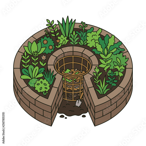 Keyhole garden circular raised bed with central compost basket and vegetables. SVG Editable. Vector Illustrations.