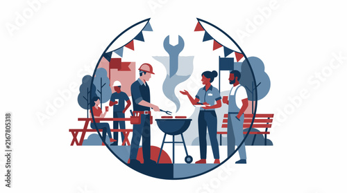 Labor Day celebration barbecue party with workers enjoying grilled food and drinks. SVG Editable. Vector Illustrations.