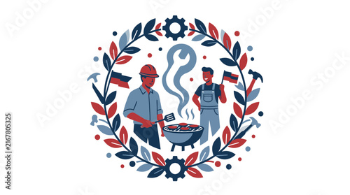 Labor Day celebration illustration with workers cooking barbecue and tools wreath. SVG Editable. Vector Illustrations.