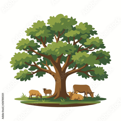Large green tree with farm animals resting underneath. SVG Editable. Vector Illustrations.