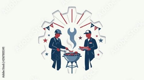 Labor Day BBQ with mechanics and grill illustration. SVG Editable. Vector Illustrations.