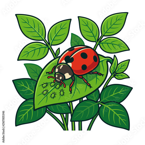 Ladybug on green leaf illustration. SVG Editable. Vector Illustrations.