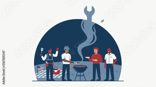 Labor Day celebration with workers having barbecue grill party and wrench shape smoke. SVG Editable. Vector Illustrations.