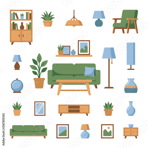 Living room furniture set with sofa armchair shelf and plants isolated vector illustration. SVG Editable. Vector Illustrations.