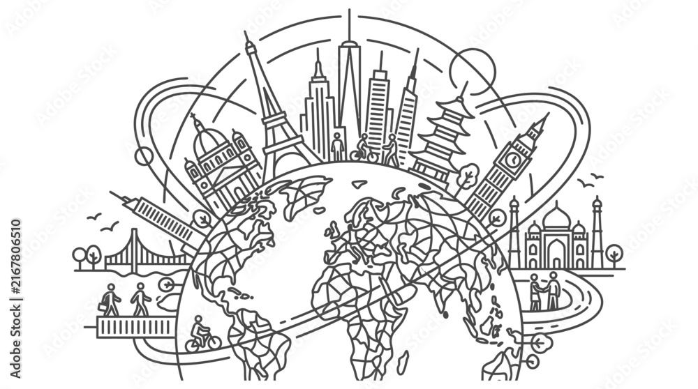 Fototapeta premium world tour and famous landmarks line art illustration depicting global travel international business and cultural connections.