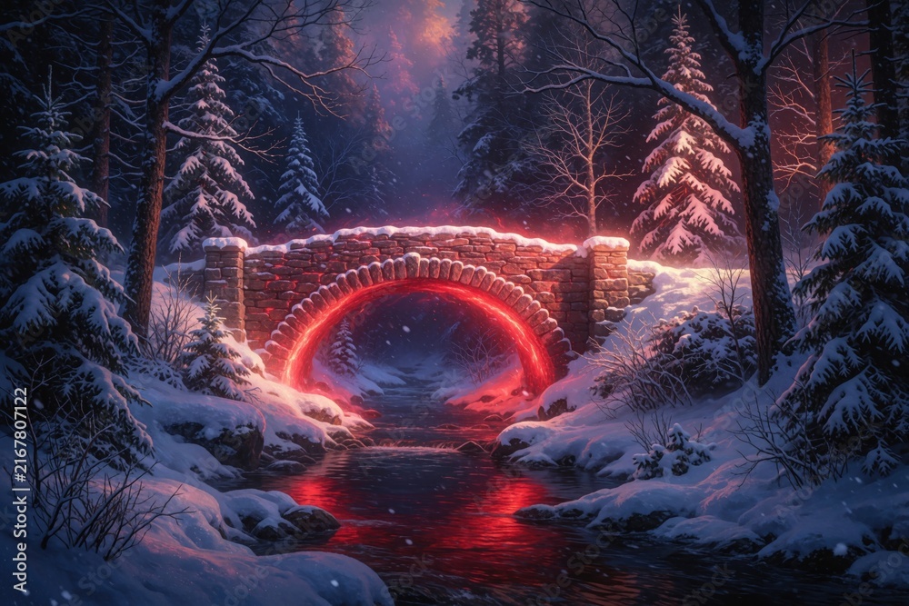 Fototapeta premium Stone arch bridge glows with intense red light in snowy winter forest. Magical fire light reflects on dark river water under night sky. Fantasy landscape with snow covered pine trees, mystical