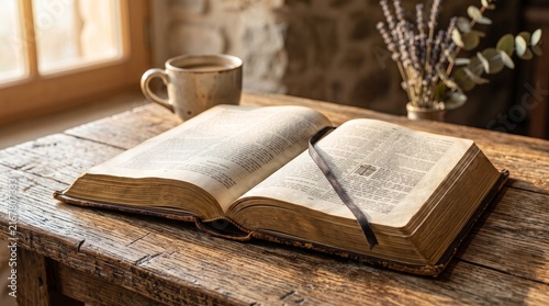 Open Bible on a wooden table with natural light