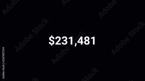 Number counter animation  on a transparent background  with alpha channel , Counting Numbers from $0 to $249,999 on a black background, Counting number video  