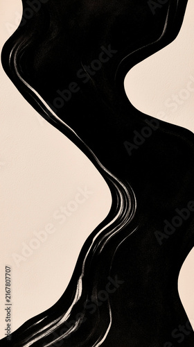 minimal abstract composition with flowing black organic wave on textured neutral background concept of contemporary design premium branding and artistic decoration