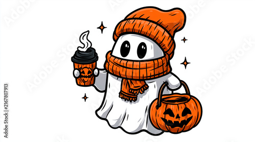 cute ghost wearing warm knit accessories holding hot takeaway coffee and pumpkin bucket isolated on white background concept for seasonal celebration hospitality and creative design