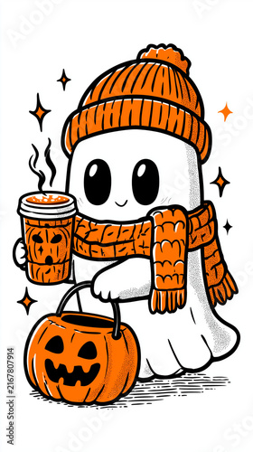 smiling cute ghost wearing warm knit accessories holding hot takeaway coffee and pumpkin bucket isolated on white background concept for seasonal hospitality and autumn celebration