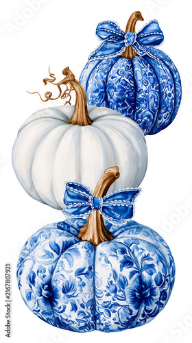 decorative watercolor pumpkins with blue floral patterns and elegant ribbon bows isolated on white background concept of autumn decor harvest celebration and seasonal illustration