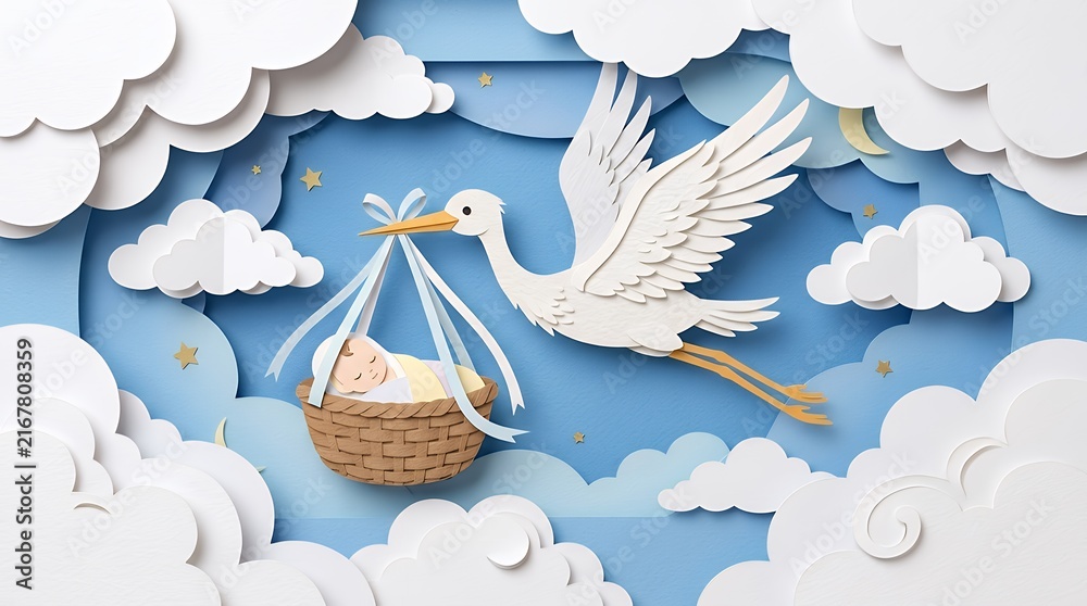 Fototapeta premium Paper Cut Art Style Flying Stork Carrying Newborn Baby Basket Across Blue Sky and Fluffy White Clouds paper art paper cut stork flying baby blue sky clouds newborn infant delivery birth welcome