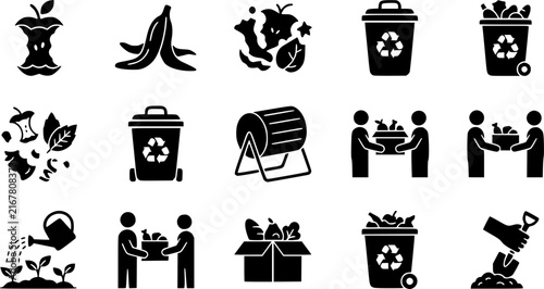 Food Waste Reduction and Composting Icon Set with Organic Scraps, Recycling Bins, Compost Tumbler, Food Donation and Sustainable Gardening Isolated on White Background