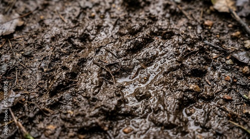 Close up of damp forest floor with decaying leaves and organic matter.