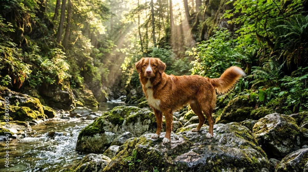 Obraz premium Red Nova Scotia Duck Tolling Retriever standing on mossy rocks in a sunlit forest canyon with golden light rays filtering through trees and a stream