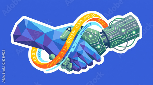 Human and robot hand handshake with digital circuit and binary ribbon, symbolizing technology partnership and artificial intelligence cooperation