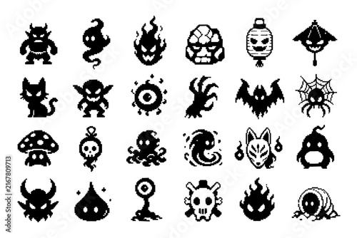 Japanese Folklore Monster and Spirit Pixel Art Icon Set