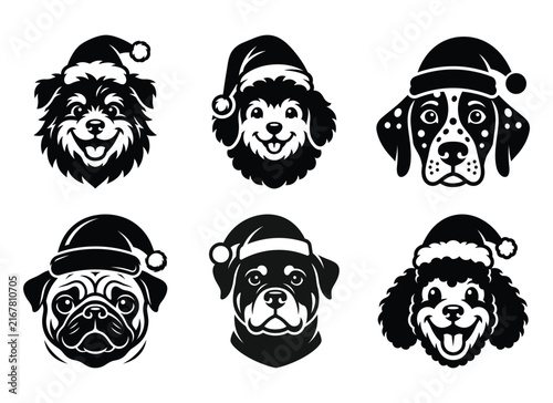 Cute happy dogs wearing christmas santa hats in black and white silhouette vector set with collection