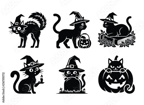 Set of cute black cats wearing witch hats and holding jack o lanterns for halloween with black cat