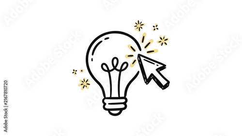 Lightbulb being clicked by a hand cursor with creative sparks radiating in a simple line-art illustration.