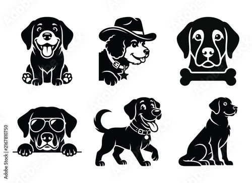 Set of cute labrador retriever dogs in different poses and accessories with dog silhouette