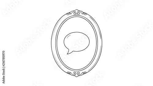 White speech bubble inside an ornate oval frame with intricate detailing to symbolize communication or conversation.