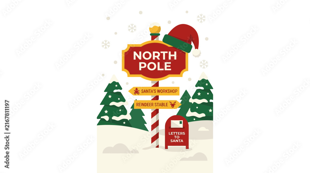 Naklejka premium North Pole wooden sign with Santa hat in snow.