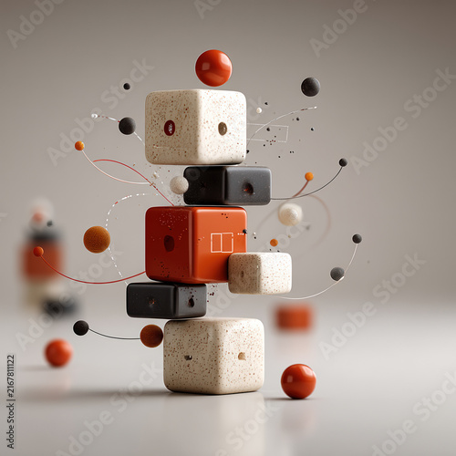 Abstract modern sculpture composed of stacked geometric cubes and spheres with floating particles on neutral background