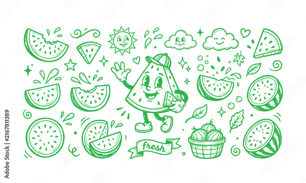Naklejka premium Vintage watermelon fruit cartoon mascot doodle set vector illustration
