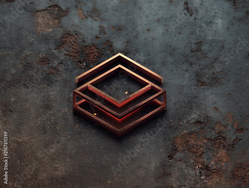 Two geometric metal square frames placed diagonally on a textured dark concrete surface with rust spots