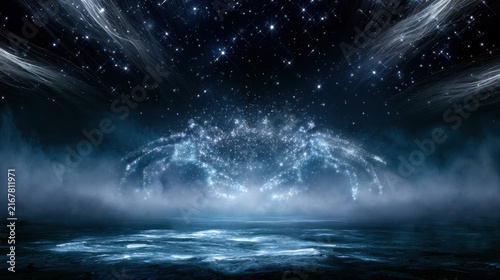Mystical celestial crab constellation glowing above a foggy ocean under a starry night sky with flowing light rays and reflective water surface