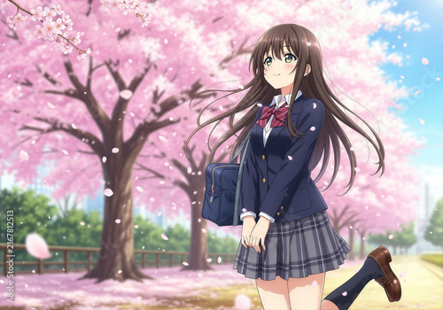 桜と女子高校生