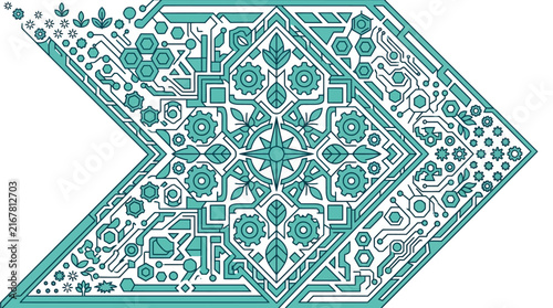 sustainable technology and eco innovation blend in a digital nature arrow graphic symbolizing future progress.