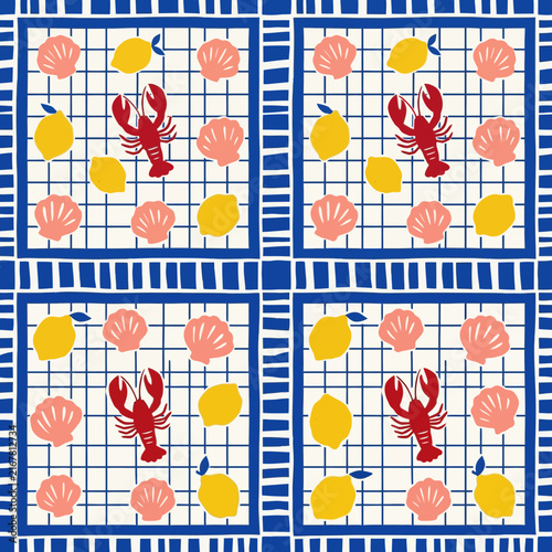 Vibrant Mediterranean Pattern with Red Lobster, Yellow Lemon, and Seashell on a Blue Grid Tile Background for Coastal Kitchen Decor