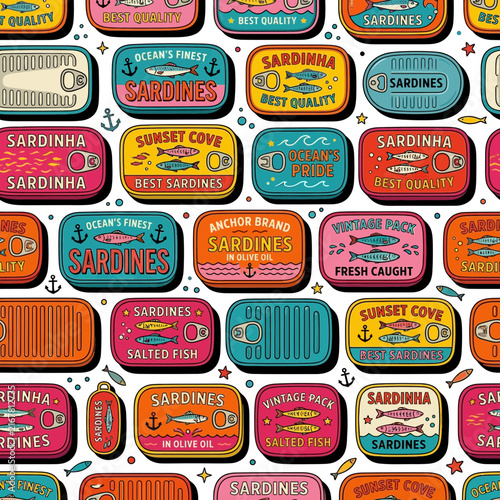 Seamless pattern of sardine tins and canned fish with vintage labels in a colorful retro packaging design