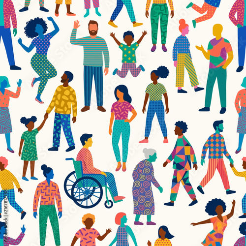 A vibrant seamless pattern featuring a diverse crowd and inclusive community that forms a multicultural society with a people background theme.