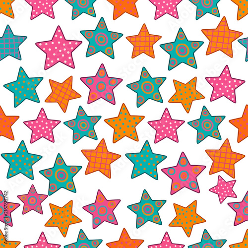 A whimsical seamless pattern featuring colorful stars with hand drawn textures on a white vibrant background for playful nursery and textile designs.