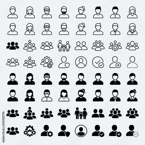 Large set of user icons and people symbols featuring diverse profile avatars, team group layouts, and community management elements for web design.