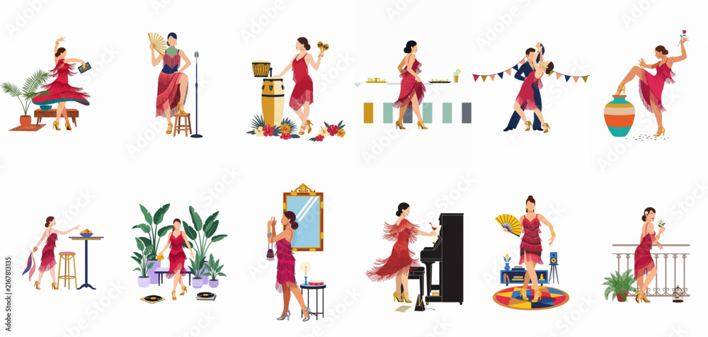 Fototapeta premium Collection of elegant 1920s flapper girl illustrations celebrating, dancing, and singing at a vintage jazz age party set against a white background.