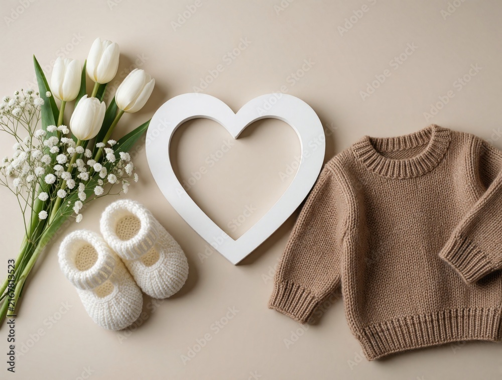 Fototapeta premium Cozy baby clothes, white tulips, and heart frame arranged on neutral surface. Items suggest pregnancy announcement, new life, and parental love. Space for text.