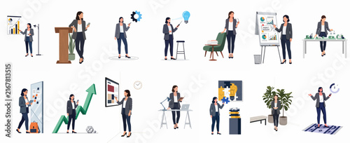 Set of flat vector illustrations featuring a professional businesswoman in various office scenarios including presentations, data analysis, and creative problem-solving.