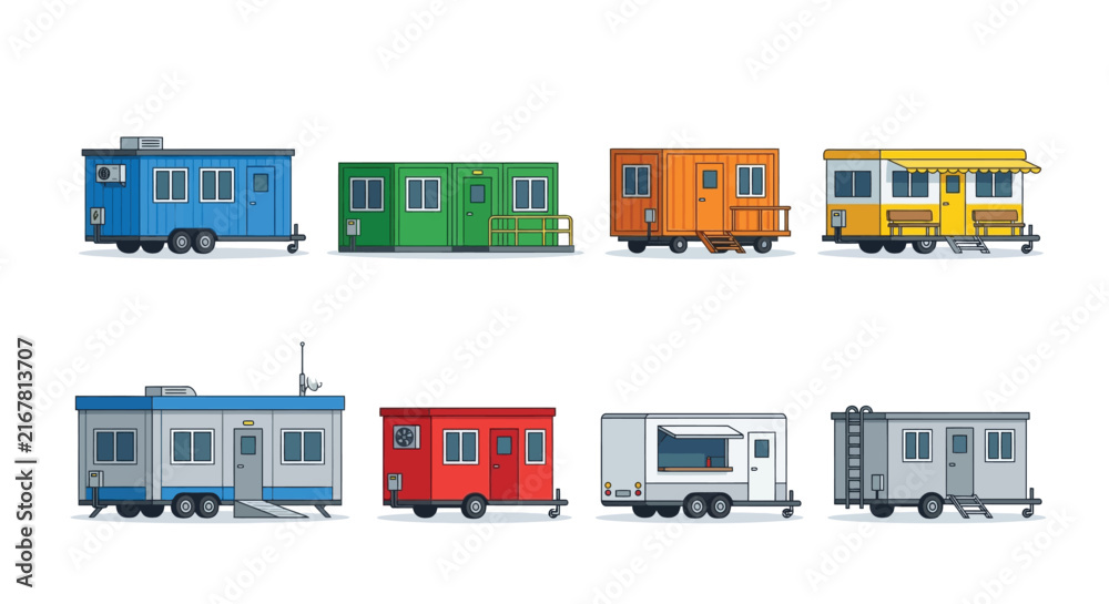 Obraz premium Flat vector set of modular buildings, mobile offices, and tiny houses on white background.