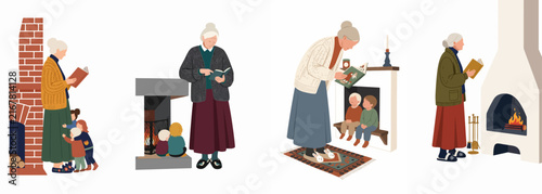 Set of illustrations featuring a grandmother reading stories to her grandchildren by a cozy fireplace in different home settings.