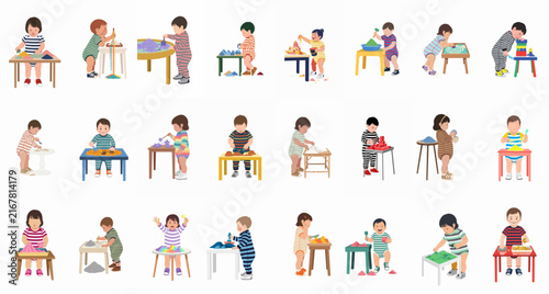 Collection of diverse toddlers and babies engaged in sensory play activities at tables with various toys and materials, isolated on a white background.